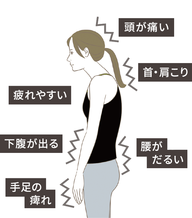 手足の痺れ、疲れやすい、腰痛腰がだるい、頭が痛い、下腹が出る、腰痛首・肩こり、などの症状が